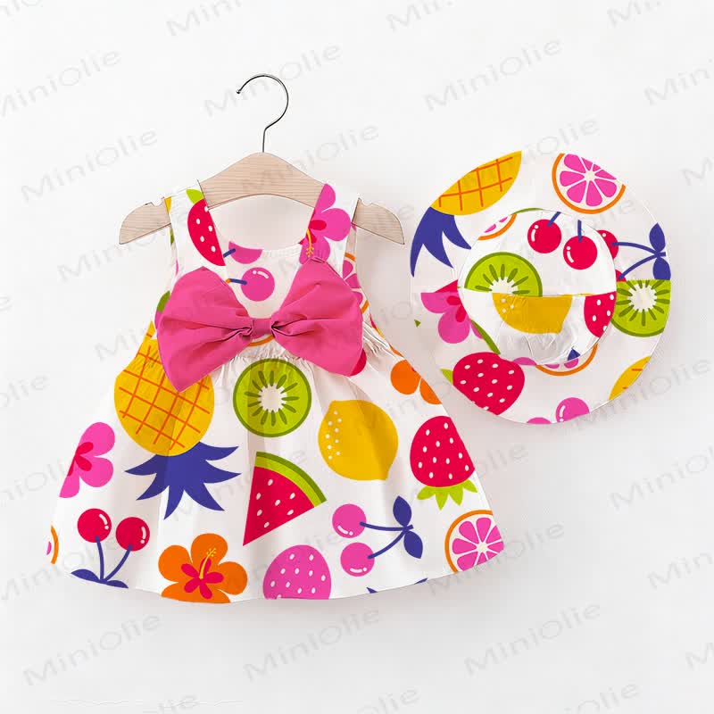Baby Girl Colorful Fruits Bow Dress with Hat - White - 2-3T - image 1