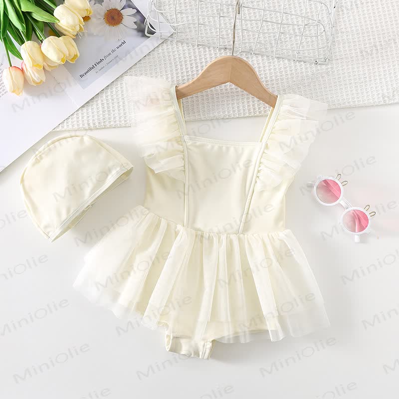 Toddler Girl Tulle Ruffle Swimsuit with Hat - Beige - 8-9T - image 1