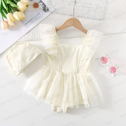Toddler Girl Tulle Ruffle Swimsuit with Hat - Beige - 8-9T - image 1
