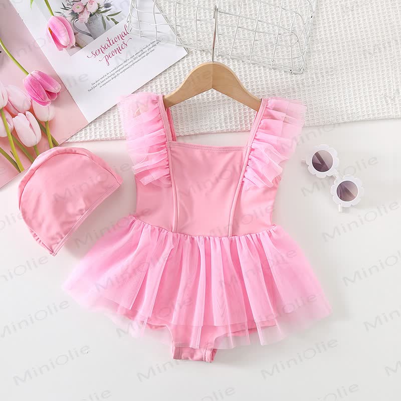 Toddler Girl Tulle Ruffle Swimsuit with Hat - Pink - 8-9T - image 5