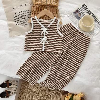 Toddler Girls Khaki Striped Vest and Pants 2-piece Set - Khaki - 7Y - image 1