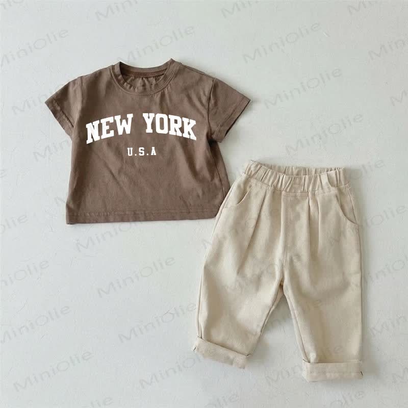NEW YORK USA Baby Brown T-shirt and Beige Pants 2-piece Set - Brown - 2-3T - image 1