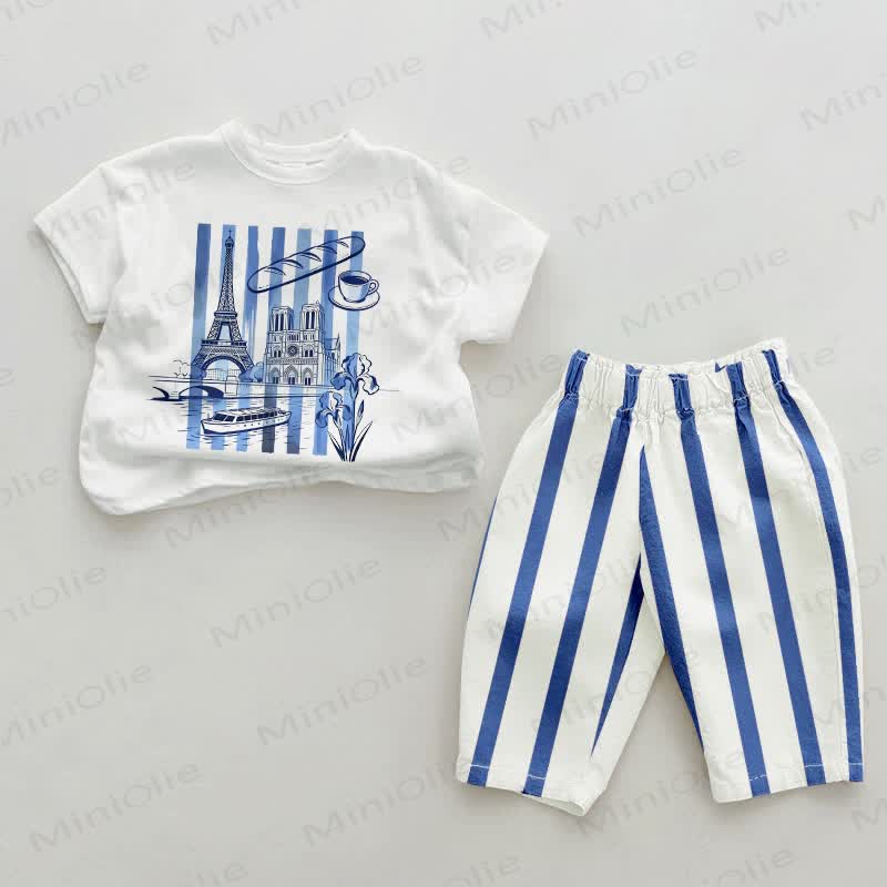 Baby Paris Architecture Blue Vertical Striped 2-piece Set - White&Blue - 2-3T - image 1