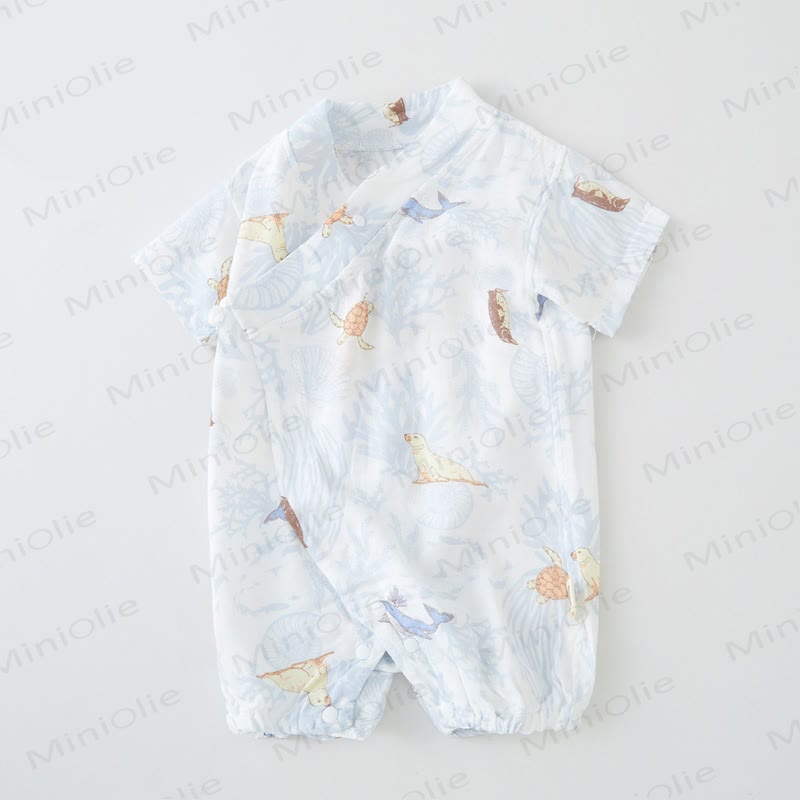 Baby Animal Flower Kimono Romper - Blue Animal - 18-24M - image 2