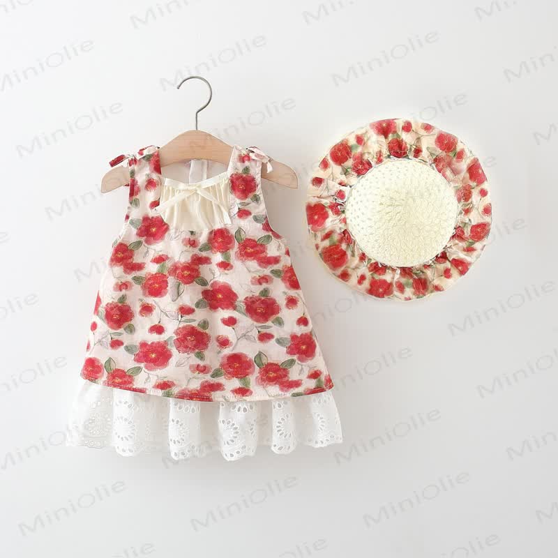 Baby Girl Red Flower Dress with Hat - Red - 4-5T - image 1
