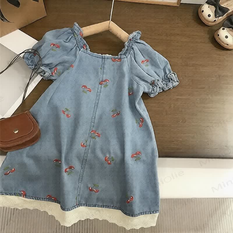 Toddler Girls Cherry Blue Denim Dress - image 2