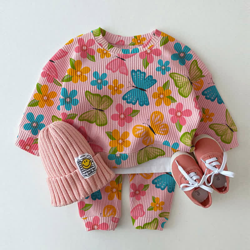 Baby Pink Butterflies and Flowers Waffle 2-piece Set - Pink - 3-5T - image 1