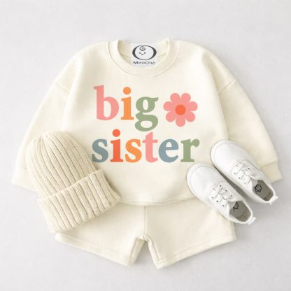 BIG/LITTLE SISTER Baby Cream White Sweatshirt and Shorts 2-piece Set - Big - 3-4T - image 1