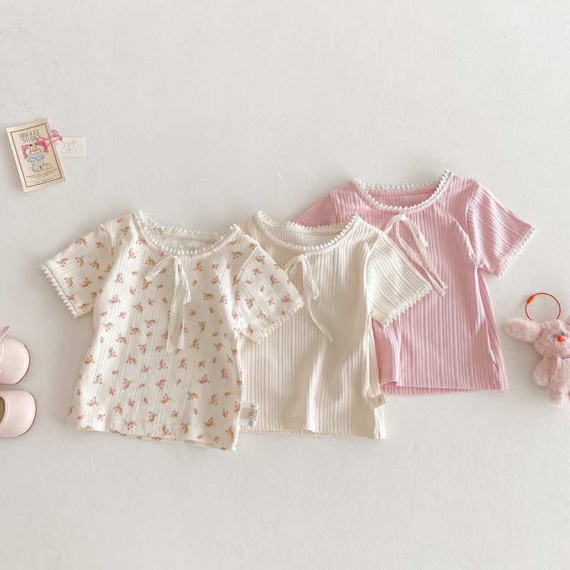 Baby Toddler Girl Ribbed Knit Lace Trim T-shirt - image 1