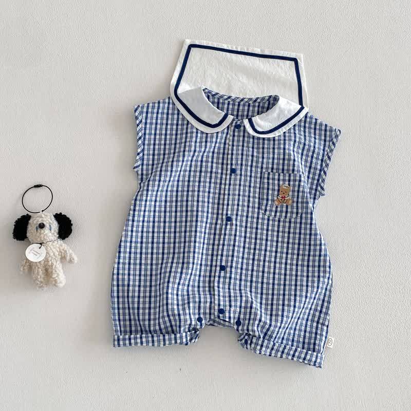 Baby Bear Blue Plaid Snaps Sleeveless Romper - image 2