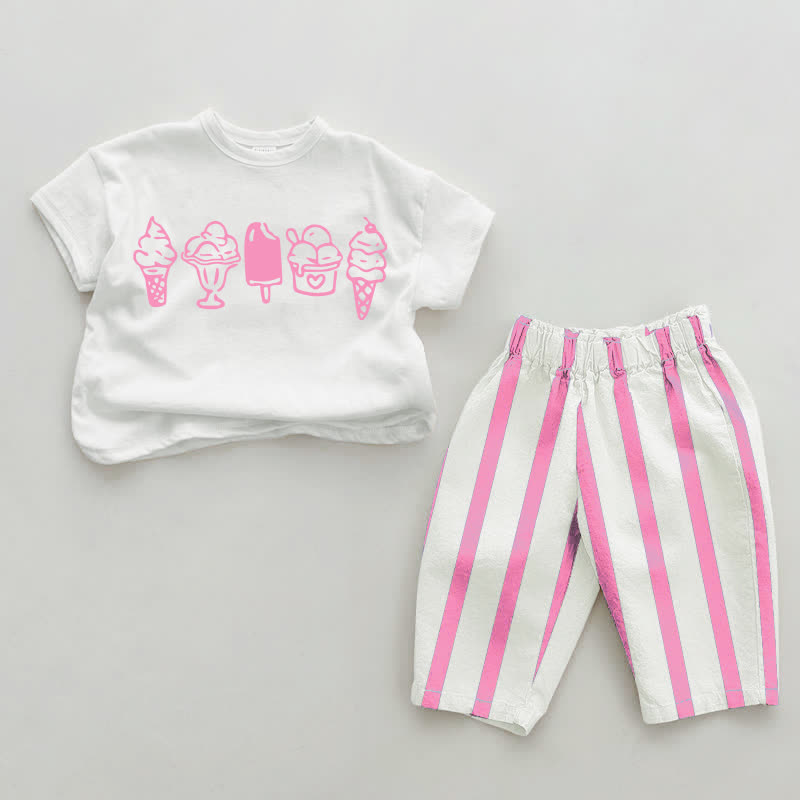 Baby Ice Cream Pattern Vertical Striped 2-piece Set - White&Pink - 2-3T - image 2