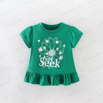 NOT SEEK Toddler Girl Cotton Ruffle Floral Tee - Green - 7-9T - image 1