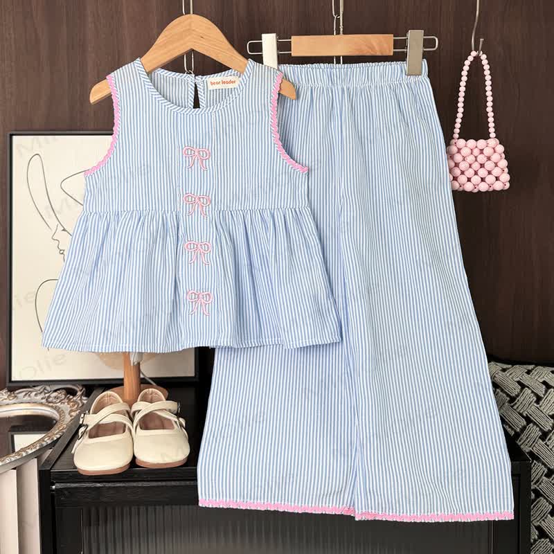 Toddler Girl Blue Top and Pants Striped Set - Blue - 7Y - image 1