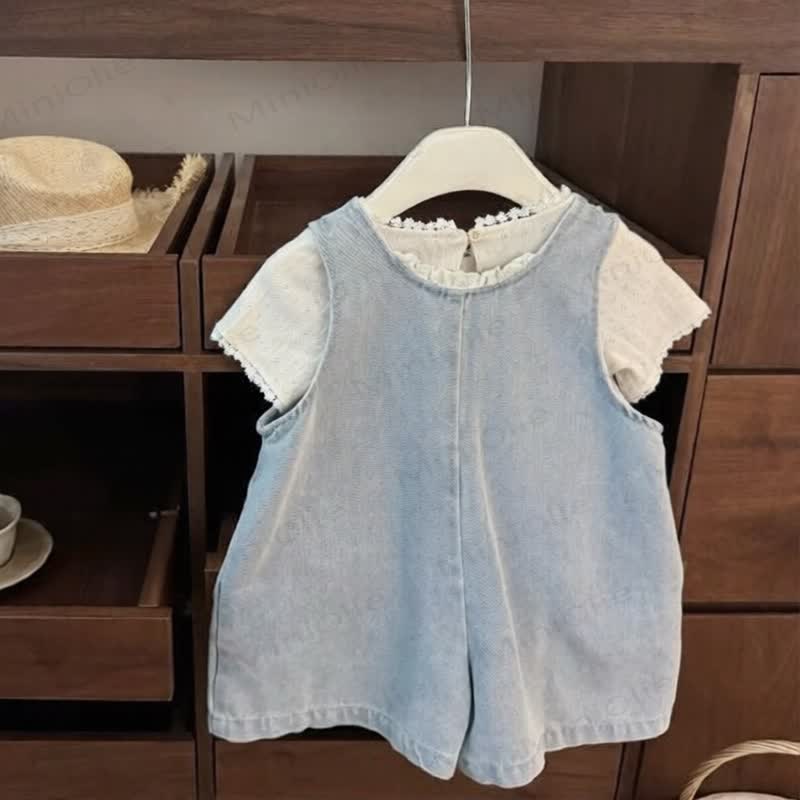 Toddler Girl Summer Tee With Blue Denim Romper Set - image 2
