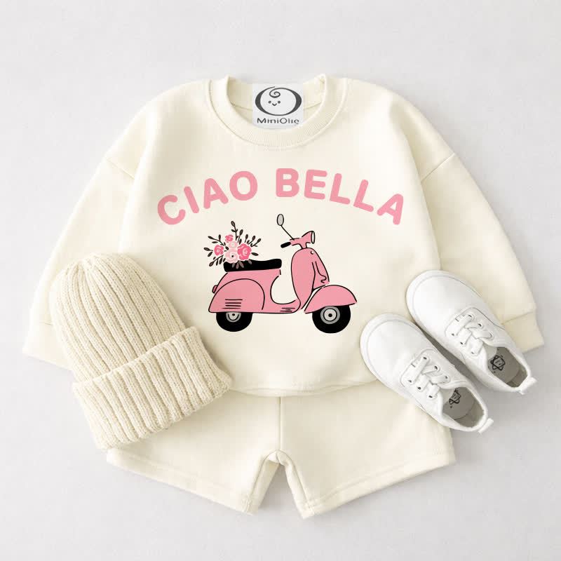 CIAO BELLA Baby Cream White Motorcycle and Flowers Sweatshirt and Shorts 2-piece Set - Cream White - 3-4T - image 1