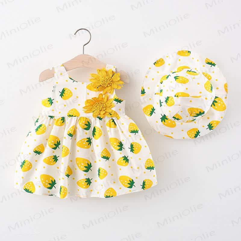 Baby Cotton Strawberry or Heart Print Sleeveless Dress with Hat - Yellow - 2-3T - image 2