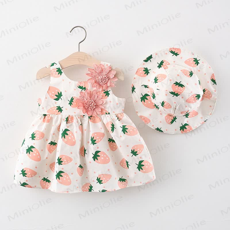 Baby Cotton Strawberry or Heart Print Sleeveless Dress with Hat - Pink - 2-3T - image 1
