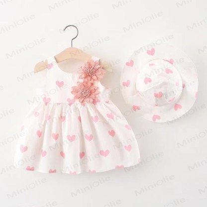 Baby Cotton Strawberry or Heart Print Sleeveless Dress with Hat - Heart Pink - 2-3T - image 4