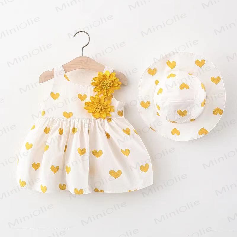 Baby Cotton Strawberry or Heart Print Sleeveless Dress with Hat - Heart Yellow - 2-3T - image 5