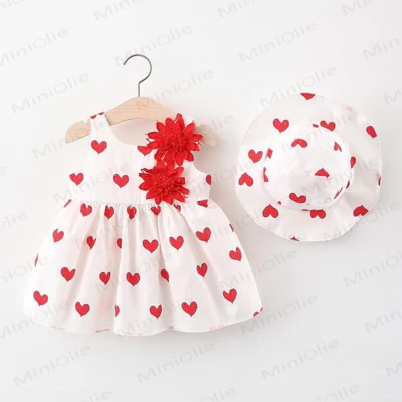 Baby Cotton Strawberry or Heart Print Sleeveless Dress with Hat - Heart Red - 2-3T - image 6