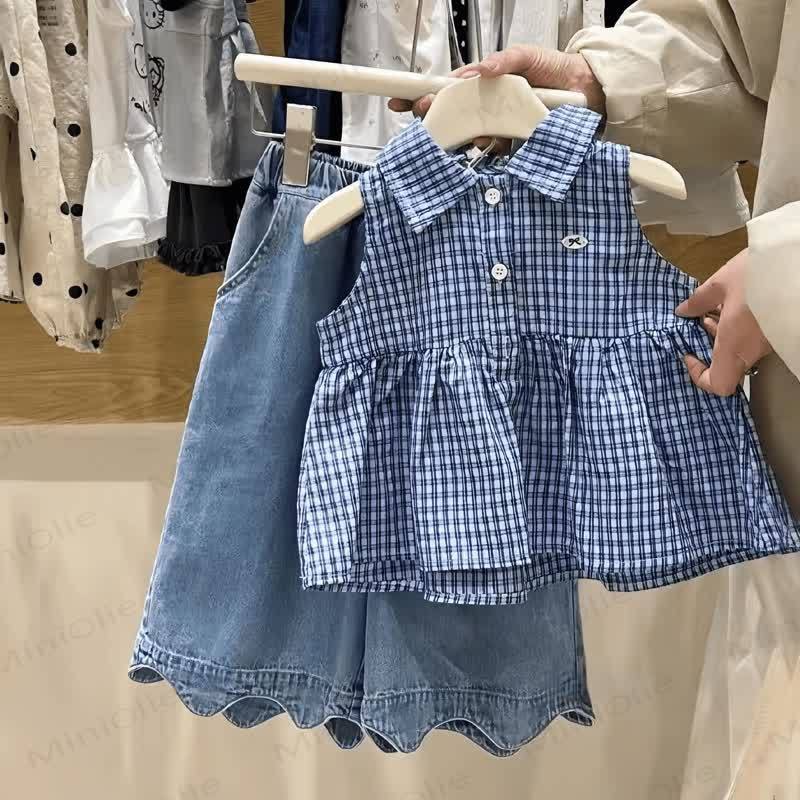 Toddler Girl Gingham Blue Dress with Denim Pants Set - Blue - 8-9T - image 1