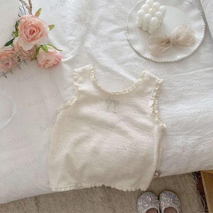 Toddler Girl Cotton Bow Dress or White Vest - Beige - 6-7T - image 3