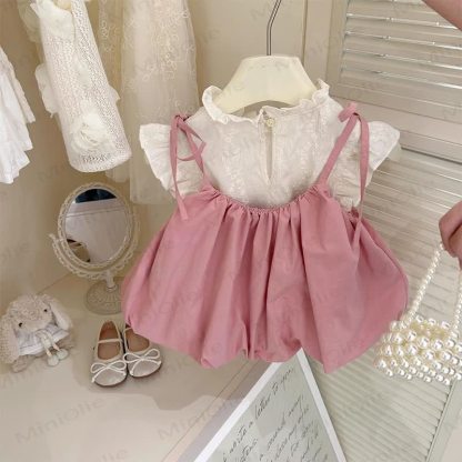 Toddler Girl Cotton Bow Dress or White Vest - Pink - 6-7T - image 1