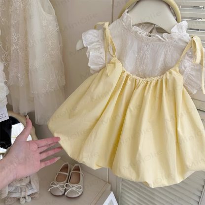 Toddler Girl Cotton Bow Dress or White Vest - Yellow - 6-7T - image 2