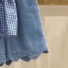 Toddler Girl Gingham Blue Dress with Denim Pants Set - image 3