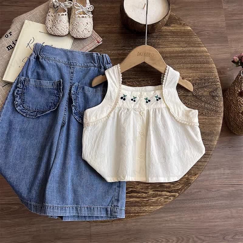Toddler Girl Cotton Vest and Denim Pant Set - Beige - 8-9T - image 1