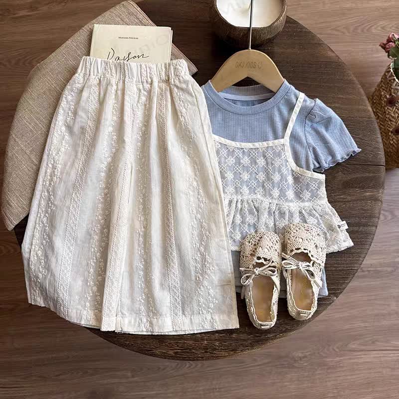 Toddler Girl Lace Slip and Solid Color Tee and Pant Set - Beige - 8-9T - image 1
