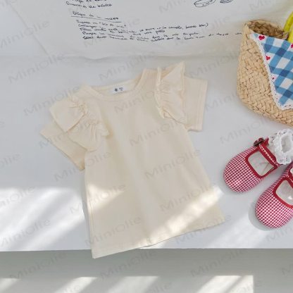 Toddler Girl Solid Color Ruffle T-shirt - Beige - 8-9T - image 6