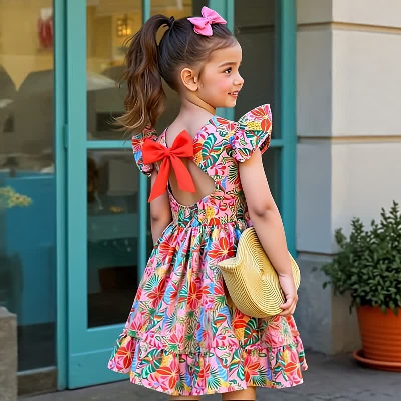 Toddler Girl Spring Floral Ruffle Bow A Line Dress - Pink - 7Y - image 1