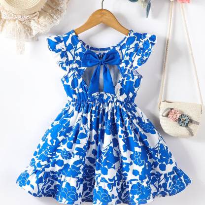 Toddler Girl Spring Floral Ruffle Bow A Line Dress - Blue - 7Y - image 3