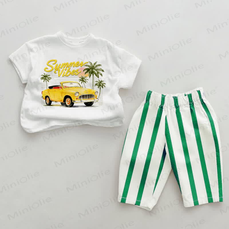 SUMMER VIBES Baby Car Green Vertical Striped 2-piece Set - White&Green - 2-3T - image 1