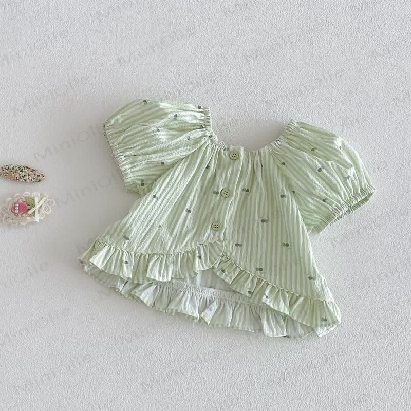 Baby Toddler Girls Cherry Print Puff Sleeve Top or Lace Solid White Pants - Green - 4-5T - image 2