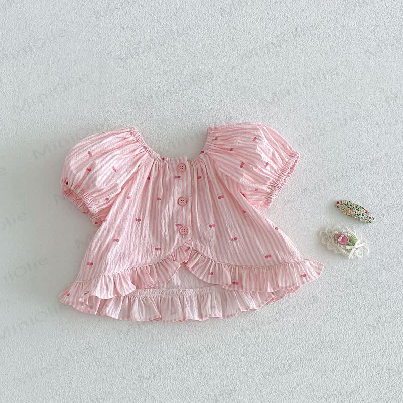 Baby Toddler Girls Cherry Print Puff Sleeve Top or Lace Solid White Pants - Pink - 4-5T - image 3
