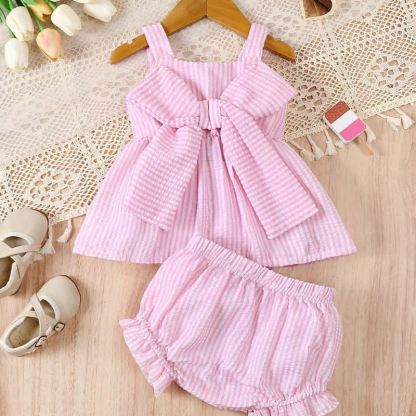 Baby Girls' Pink Striped Bow Vest and Shorts Set - Pink - 2-3Y - image 1