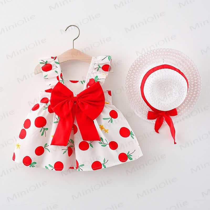Baby Girls Summer Cotton Fruit or Flower or Circle Print Bow Dress with Hat - Red Apple - 2-3T - image 3
