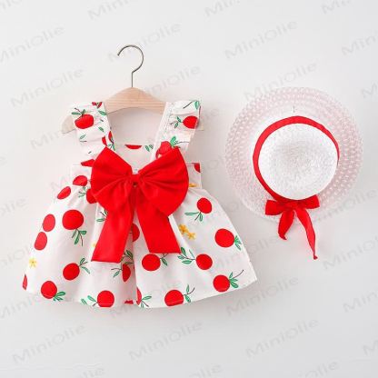 Baby Girls Summer Cotton Fruit or Flower or Circle Print Bow Dress with Hat - Red Apple - 2-3T - image 3