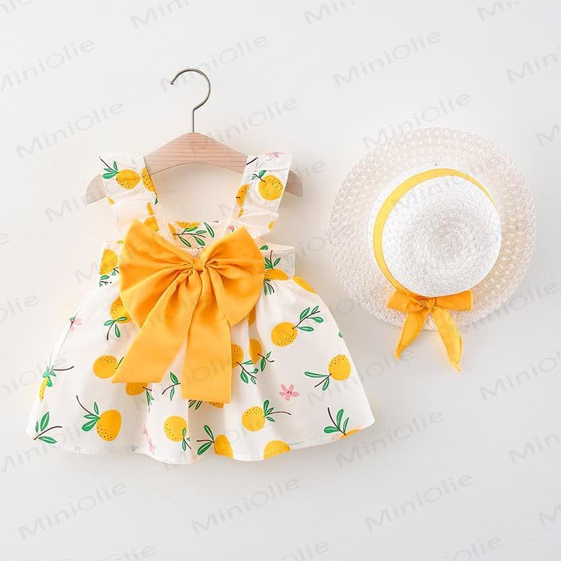 Baby Girls Summer Cotton Fruit or Flower or Circle Print Bow Dress with Hat - Yellow Pineapple - 2-3T - image 2