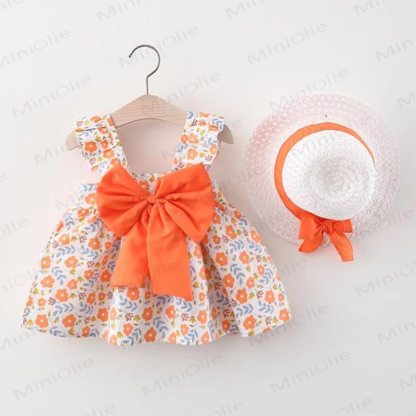 Baby Girls Summer Cotton Fruit or Flower or Circle Print Bow Dress with Hat - Orange Flower - 2-3T - image 4