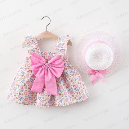 Baby Girls Summer Cotton Fruit or Flower or Circle Print Bow Dress with Hat - Pink Flower - 2-3T - image 5