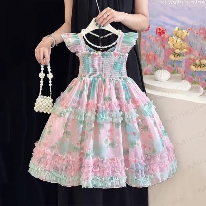 Toddler Girls Summer Floral Print Tulle Dress - Pink - 8-9T - image 1