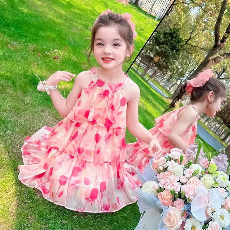 Toddler Girls Cotton Pink Tulip Print Dress - image 1