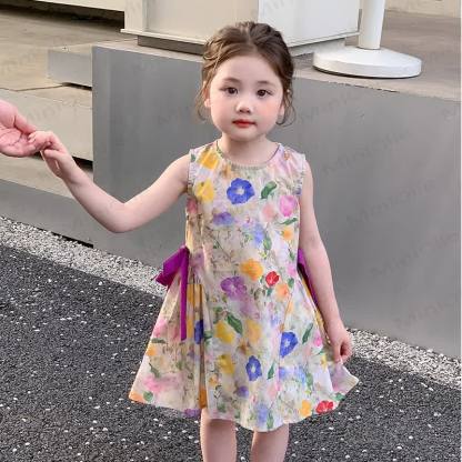 Toddler Kid Girls Pink Floral Bow Sleeveless Dress - Pink - 8-9T - image 1