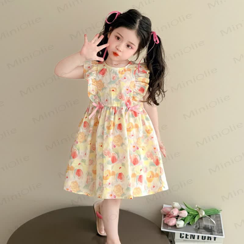 Toddler Girls Cotton Floral Print Bow Sleeveless Dress - Beige - 8-9T - image 2