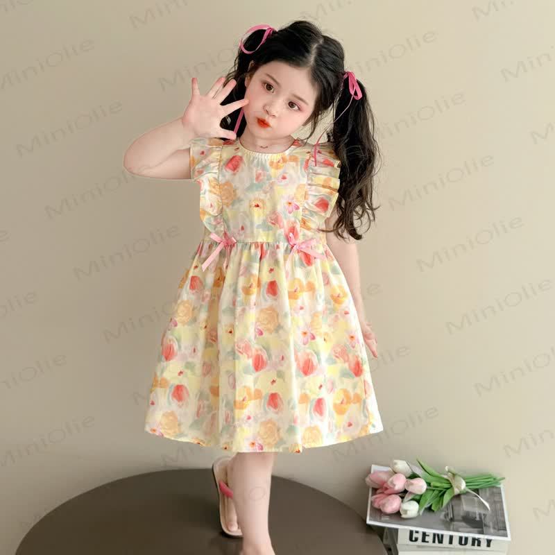 Toddler Girls Cotton Floral Print Bow Sleeveless Dress - Beige - 8-9T - image 2