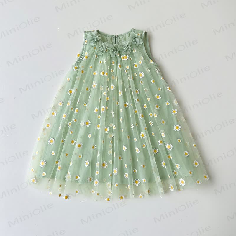 Toddler Girls Cotton Tulle Daisy Print Sleeveless Dress - Green - 8-9T - image 3