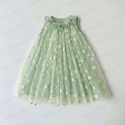 Toddler Girls Cotton Tulle Daisy Print Sleeveless Dress - Green - 8-9T - image 3